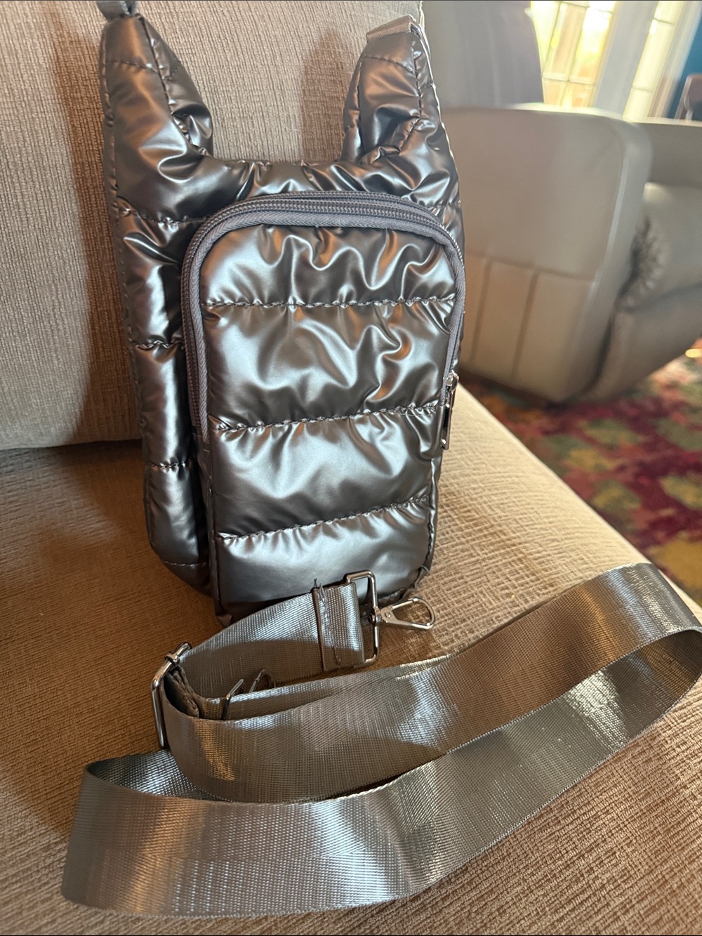 Stylish Shiny Gray/Silver-ish Quilted Women's Water Bottle Crossbody Bag - Picture 2 of 5